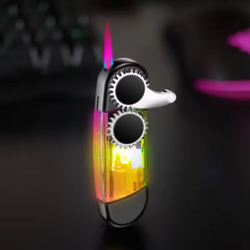 Gear Linkage Windproof Flame Lighter with Transparent Gas Chamber