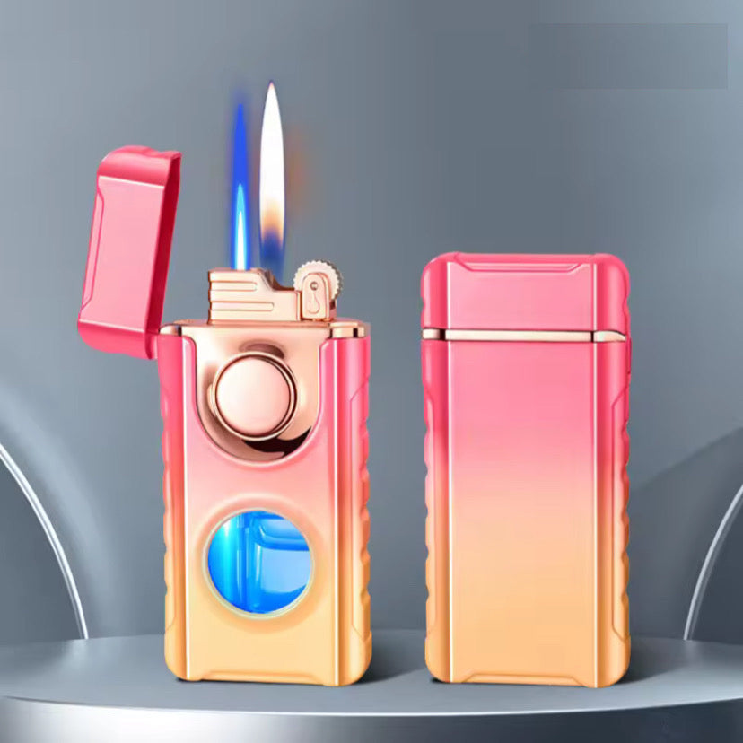 Metal Double Flame Lighter with LED & Gas Window