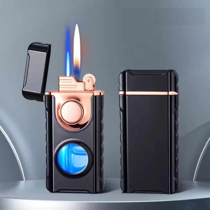 Metal Double Flame Lighter with LED & Gas Window