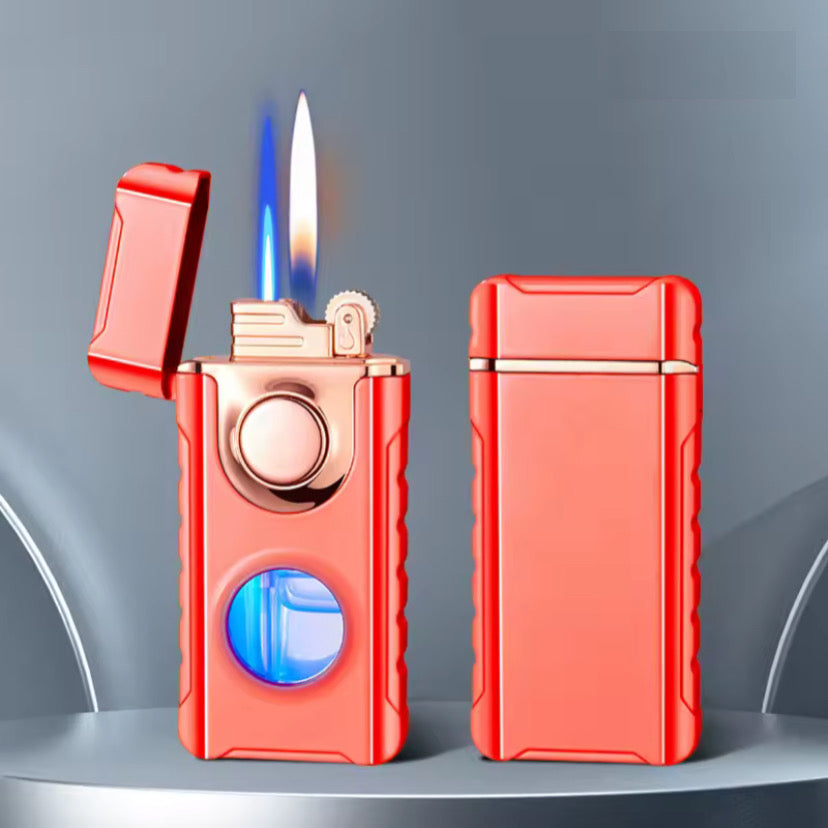 Metal Double Flame Lighter with LED & Gas Window