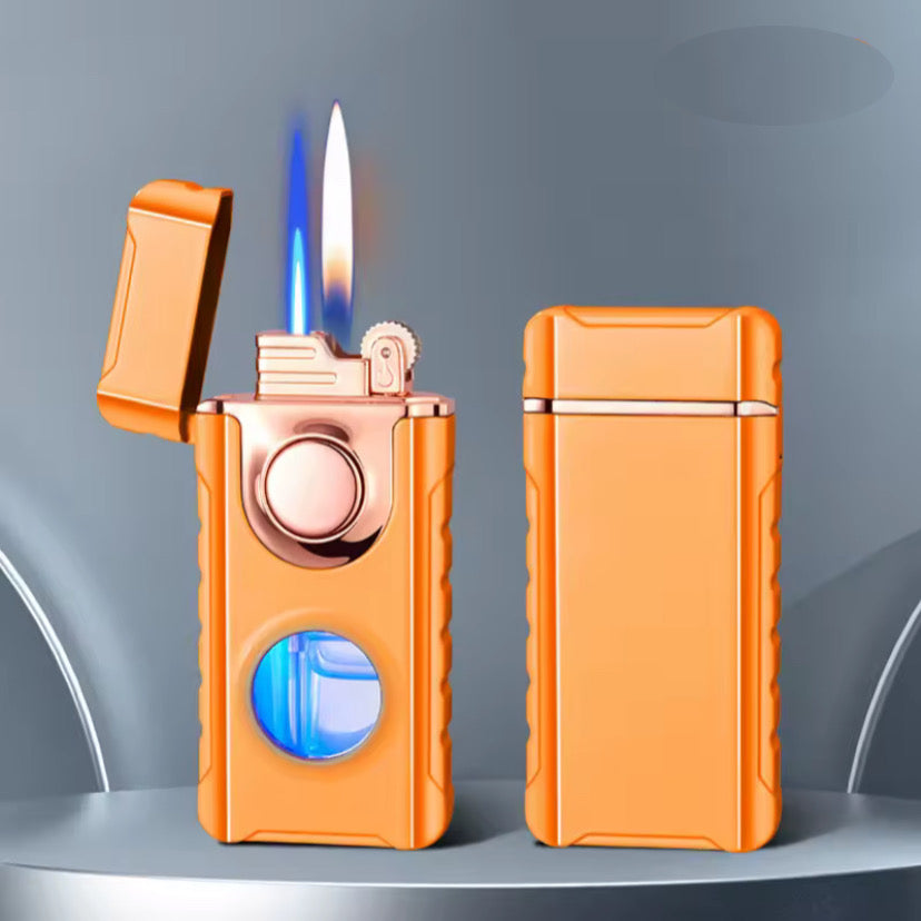 Metal Double Flame Lighter with LED & Gas Window