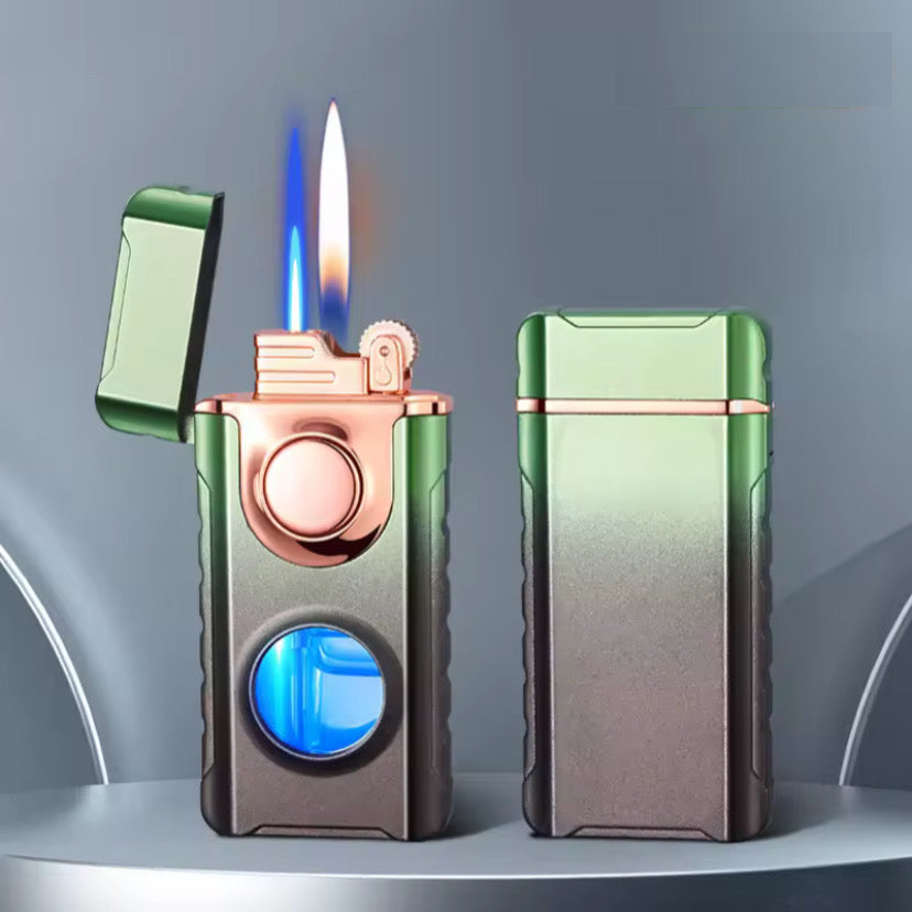 Metal Double Flame Lighter with LED & Gas Window