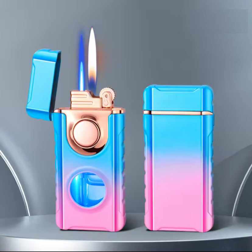 Metal Double Flame Lighter with LED & Gas Window