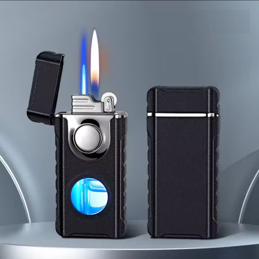 Metal Double Flame Lighter with LED & Gas Window