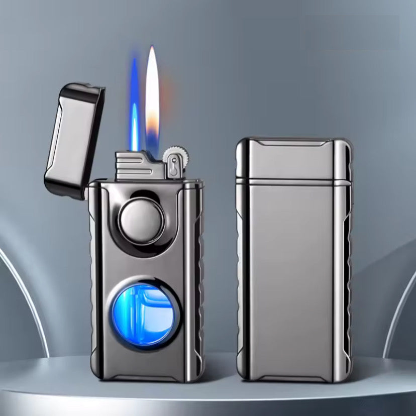 Metal Double Flame Lighter with LED & Gas Window