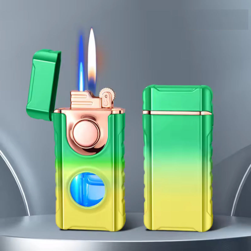 Metal Double Flame Lighter with LED & Gas Window