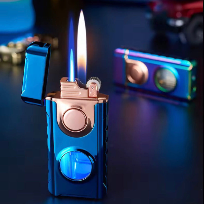 Metal Double Flame Lighter with LED & Gas Window